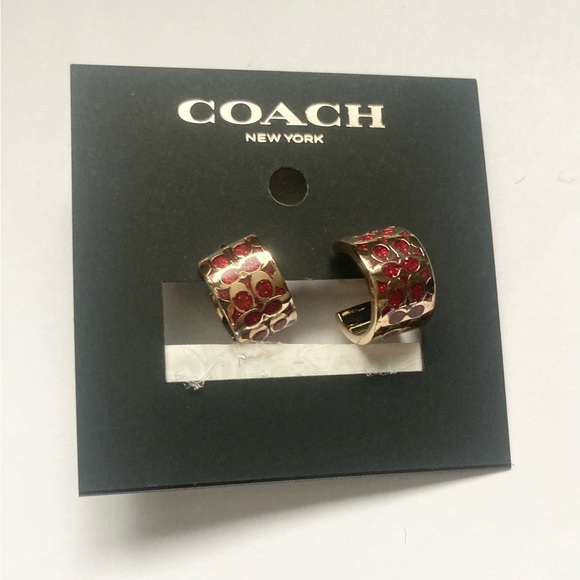 Coach Signature Huggie Earrings Red Gold NWT - Picture 2 of 4